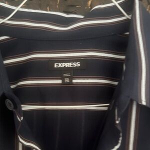 Express Men's Navy Shirt with White and Brown Stripes